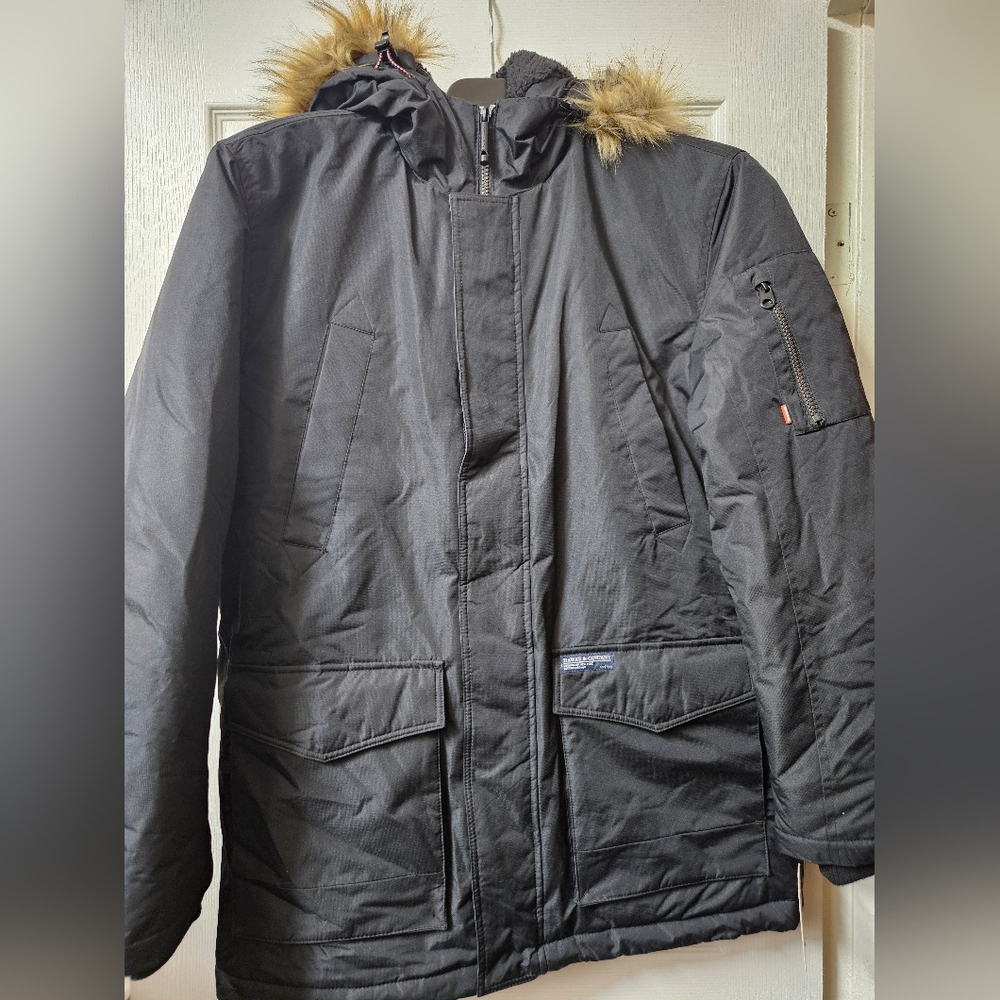 Hawke & Co. Men's Black Logan Faux-Fur-Trim Hooded Parka Coat Jacket - Picture 2 of 6